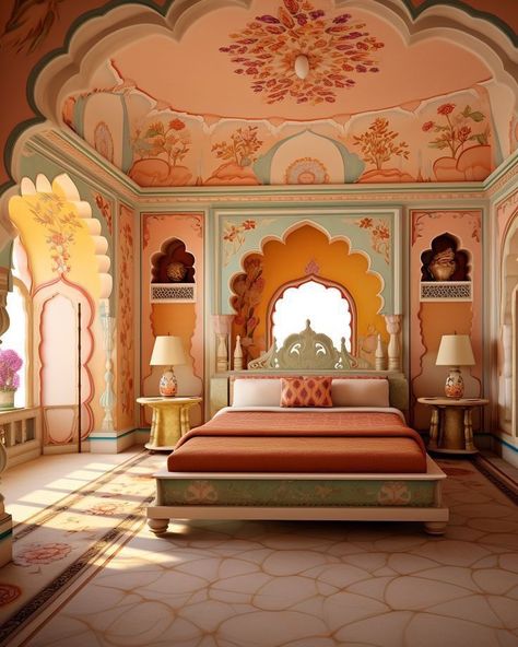 Indian Theme Bedroom Design, Sundar Kand, Indian Bed, Moroccan Style Home, Mural Cafe, Pichwai Art, Open Living Room Design, Modern Bungalow Exterior, Royal Room