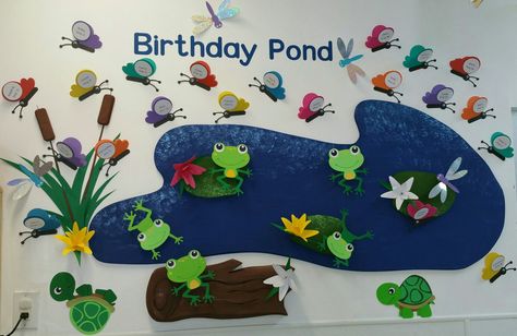 Birthday board, pond, childcare display Nursery Display Boards, Class Birthday Display, Class Board Decoration, Farm Classroom Theme, Birthday Chart Classroom, Birthday Board Classroom, Toddler Teacher, Class Birthdays, Infant Classroom