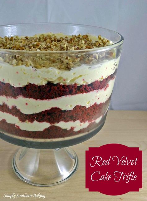 Red Velvet Cake Trifle | Simply Southern Baking Red Velvet Trifle, Black Forest Trifle, Cake Trifle, Red Velvet Recipes, Crystals Red, Mascarpone Frosting, Best Christmas Desserts, Trifle Desserts, Make Ahead Desserts