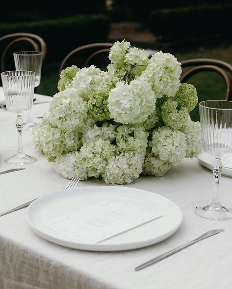 Wedding, Corporate & Freelance Florist | Not into a colourful palette? Using textural pieces with abstract shapes is another great way to draw attention and intrigue.… | Instagram Green Hydrangea Wedding, Timeless Wedding Decor, Chic Wedding Venues, Blue Hydrangea Wedding, Wedding Flowers Hydrangea, Table Flower Arrangements, Hydrangea Centerpiece, Wedding Reception Design, Wedding Planning Decor