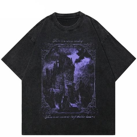 "Elevate your style with our Y2K Purple Graphic Horror Castle T-Shirt. Vintage-inspired design meets gothic flair, crafted from comfortable cotton broadcloth." SPECIFICATIONS Material: Cotton Collar: O-Neck Fabric Type: Broadcloth Pattern Type: Print Black And Purple Graphic Tee, Purple Shirt Design Ideas, Gothic Shirt Men, Horror Graphic Tees, Y2k Shirts Design, Y2k Shirt Design, Horror Castle, Gothic T Shirt, Purple Graphic Tee