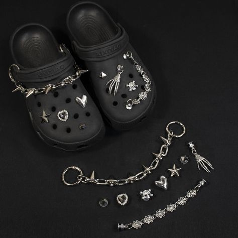 * Unique croc charms design, highlighting individuality, shoe charms for crocs, bling charms make you a fashionista! * The shoe charms are very cool and mysterious. Best gifts for your friends, colleagues, lovers to DIY decoration. Making their shoes cool and fun. Crocs With Charms, Charms For Crocs, Diamond Shoes, Gothic Y2k, Shoes Charms, Black Crocs, Crocs Fashion, Bling Shoes, Croc Charms