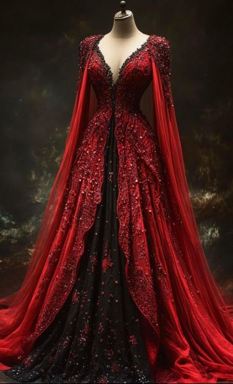 Evil Queen Ball Gowns, Vampire Evening Gown, Red Queen Gown, Black And Red Gown Elegant, Vampire Gown Victorian Gothic, Vampire Inspired Dress, Fantasy Gowns Red, Gala Dress Ideas, Princess Dresses Medieval