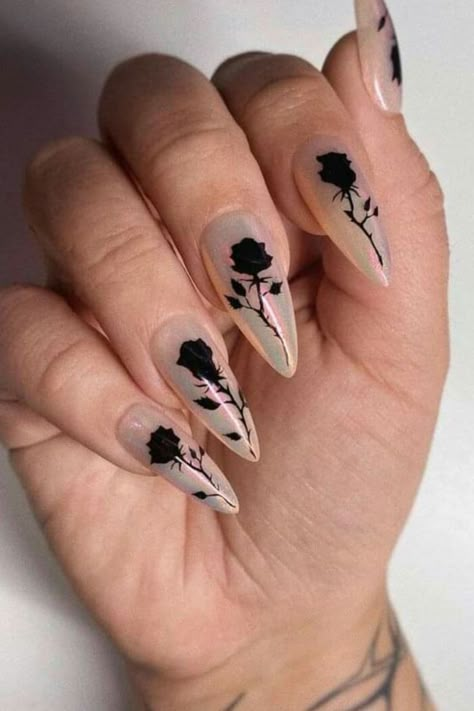 Rose Nail Design, Witchy Nails, Rose Nail Art, Black Acrylic Nails, White Glitter Nails, Gothic Nails, Lace Nails, Floral Nail Designs, Heart Nail Art