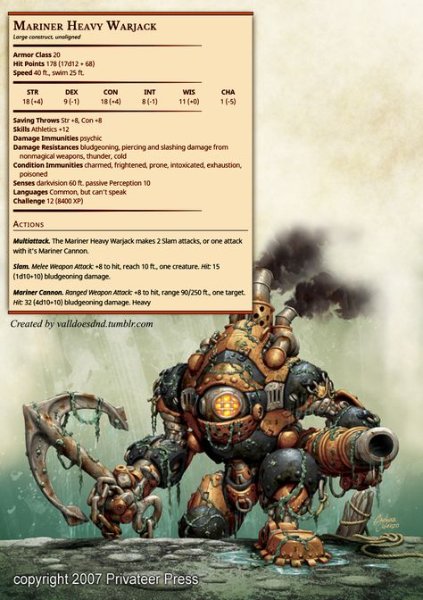 Mariner Heavy Warjack. More homebrew stuff for the campaign. Guerriero Samurai, Dnd Races, Dnd Classes, Dungeons And Dragons 5e, D D Monsters, Dungeons And Dragons Classes, Dnd Dragons, Dnd 5e Homebrew, Best Selling Author