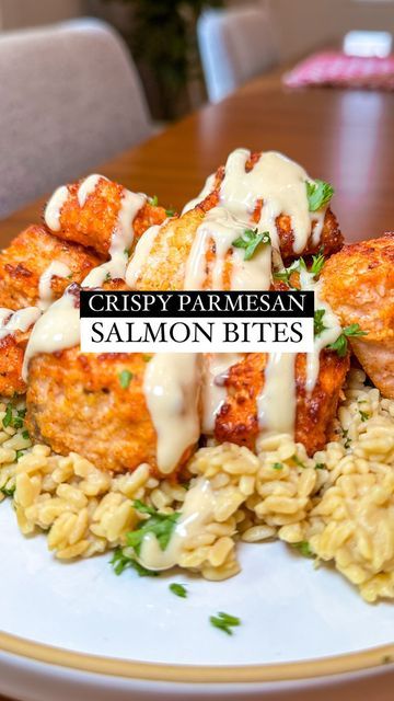 Tyla Water, So Hum, Chickpea Rice, Salmon Bites Recipe, Parmesan Salmon, Healthy Easy Recipes, Salmon Bites, High Protein Meal, Recipes Seafood