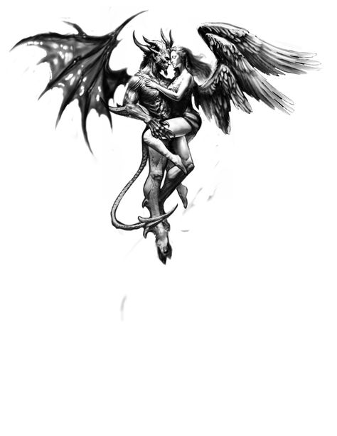 Angel And Demon Back Tattoo, Angel Demon Tattoo Design, Angel And Demon Tattoo Men, Demon Angel Tattoo, Angels And Demons Tattoo, Female Fallen Angel, Demon With Wings, Good Vs Evil Tattoo, Angel And Demon Tattoo