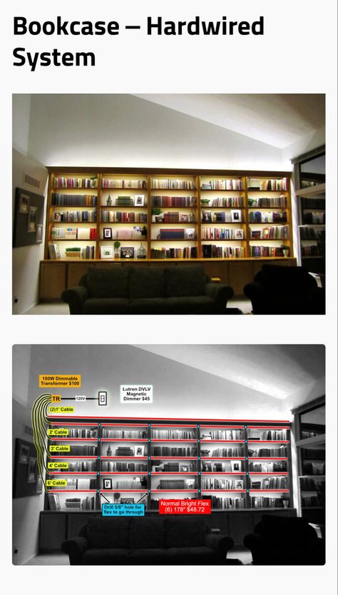 Bookcase lit with LED strip lights #wiring #ledlighting Led Lights Bookcase, Led Strip Shelves, Built In Bookshelves Lighting, Bookshelf Led Lighting, Led Bookshelf Lighting, Led Lights Office Ideas, Book Shelf Lighting, Bookshelves Lighting, Lighted Shelving