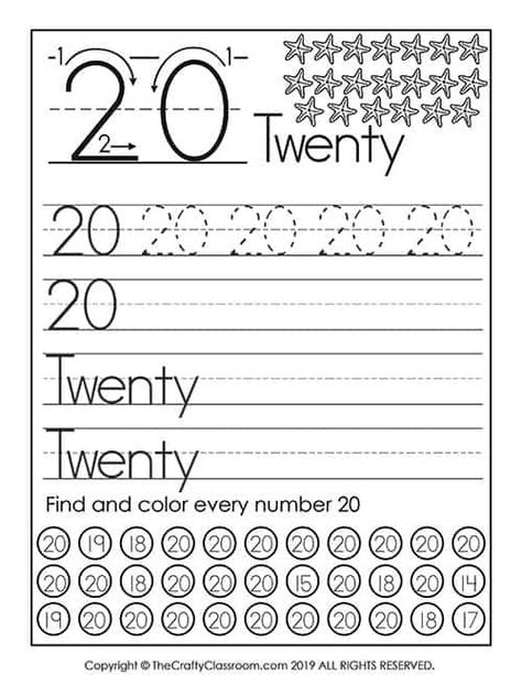 Number 20 Worksheets For Preschool, Number 20 Worksheet, Number Worksheets For Preschool 1-20, Pre K Math Worksheets, Preschool Worksheets Free Printables, Preschool Number Worksheets, Preschool Mom, Number Formation, Preschool Workbooks