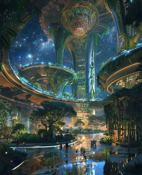 Step into a vision of the future where nature and technology coexist in harmony. This stunning concept art captures a futuristic dome city filled with lush plants, cascading water features, and floating gardens made of vines hanging from walls and ceilings. 💫🌃#FuturisticCity #ConceptArt #EcoDome #FantasyWorld #GreenArchitecture #SustainableFuture #FloatingGardens #NatureInTheCity #SciFiArt #UrbanOasis #VisionaryDesign #FantasyConceptArt # foryoupage #fyp #art Futuristic Town Concept Art, Fantasy Technology Concept Art, Floating City Concept Art, Fantasy Floating City, Futuristic Plants, Futuristic Technology Concept Art, Domed City, Futuristic Garden, Flying City