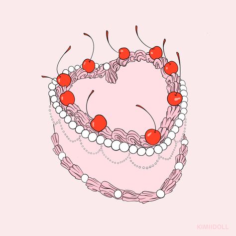 Pink heart shaped cake illustration with detailed line work depicting piped icing and cherries on top of the cake. Piece Of Cake Illustration, Decorative Icing, Pink Heart Cake, Cake Sketch, Cherry Drawing, Birthday Cake Illustration, Bolo Vintage, Cake Heart, Cake Wallpaper