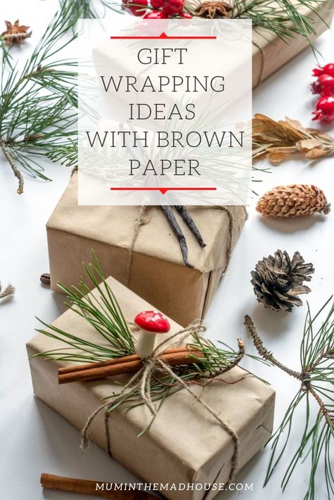 Brown Kraft Paper Wrapping, Christmas Wrapping Kraft Paper, Kraft Bag Christmas Packaging Ideas, Brown Kraft Paper Wrapping Christmas, Christmas Wrapping With Brown Paper, Homemade Christmas Wrapping Brown Paper, Brown Paper Bag Wrapping Ideas, Simple Christmas Gift Wrapping Ideas, Brown Paper Ornaments