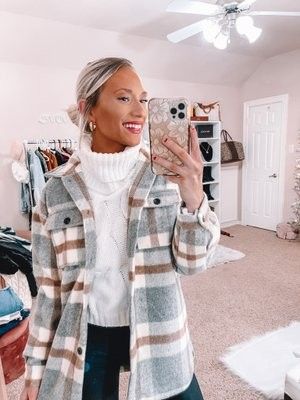 Turtle Neck Shacket Outfit, Best Amazon Shacket, Plaid Peacoat Women, Flannel Jackets For Women, Grey And White Shacket Outfit, Gray Plaid Shacket Outfit, Grey Plaid Shacket Outfit, How To Wear Plaid Shacket, Gray Shacket Outfit Women