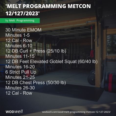 "Melt Programming MetCon 12/127/2023" Workout, | WODwell - 30 Minute EMOM; Minutes 1-5; 12 Cal - Row; Minutes 6-10; 12 DB Curl Press (25/10 lb); Minutes 11-15; 12 DB Feet Elevated Goblet Squat (60/40 lb); Minutes 16-20; 6 Strict Pull Up; Minutes 21-25; 12 DB Chest Press (50/30 lb); Minutes 26-30; 12 Cal - Row Elevated Goblet Squat, Crossfit Workout Program, Metcon Workout, 2023 Workout, Db Curl, Workout Girl, Chest Press, Crossfit Workout, Goblet Squat