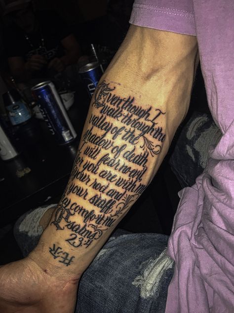 Leg Scripture Tattoo Men, Forarm Tattoos Scripture, Bible Quote Forearm Tattoos, Psalm 23 4 Tattoo, Bible Scriptures Tattoos For Men, Bible Verse Tattoos For Men Forearm, Psalms 23:4 Tattoos, Psalms 23:4 Tattoos Forearm, Forearm Script Tattoo