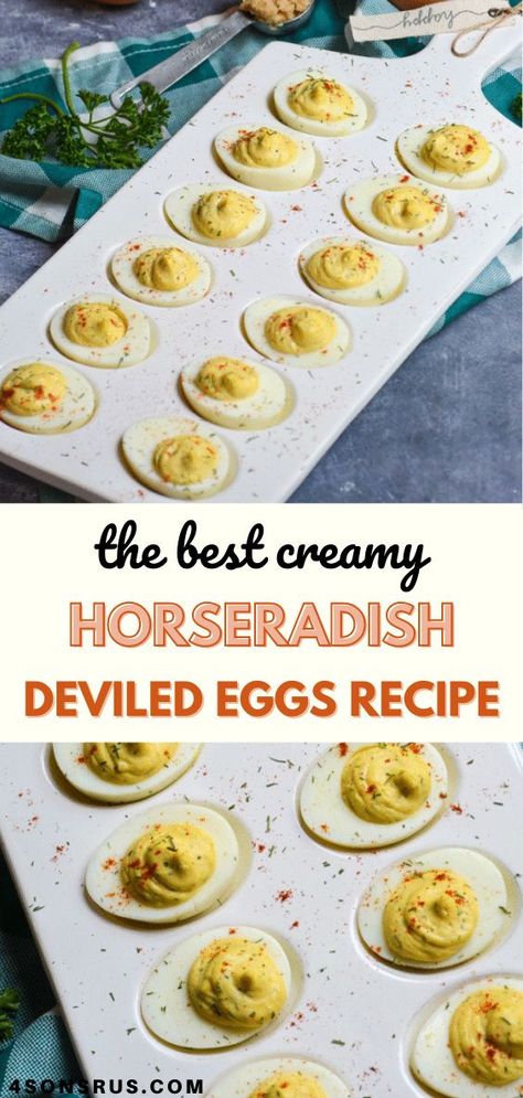 Creamy horseradish deviled eggs are the perfect way to add tons of extra flavor to the classic party appetizer. With a little more kick thanks to the zesty combination of ingredients, these stuffed hardboiled eggs will be a hit anytime you entertain. #deviledeggs #eggrecipe Ways To Use Horseradish, Deviled Eggs Horseradish Recipe, Deviled Eggs With Horseradish Recipe, Deviled Eggs Toppings, Pretty Deviled Eggs, Deviled Egg Variations, Fall Deviled Eggs, Deviled Eggs Horseradish, Party Orderves