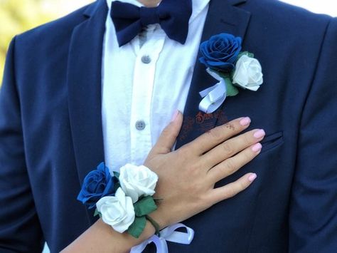 Blue boutonniere. Blue wedding boutonniere. Fall boutonniere. Mens lapel flower. Royal Blue Corsage And Boutonniere, Blue Corsage And Boutonniere, Royal Blue Corsage, Fall Boutonniere, Boutonniere Blue, Groomsmen Colours, Royal Blue Wedding Theme, Fall Boutonnieres, Blue Corsage