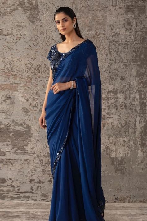 Buy Embroidered Saree with Blouse by Pankaj & Nidhi at Aza Fashions Cocktail Saree, Kajol Saree, Navy Blue Saree, Wedding Edit, Desi Wear, Indian Saree Blouse, Indian Saree Blouses Designs, Embroidered Saree, Indian Bridal Outfits