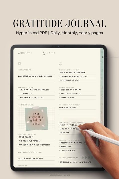 Digital Gratitude Journal  Goodnotes iPad Tablet Daily 5 minute Checkin self care diary Undated monthlyplannertemplate #wellnessplanner🎡 Practice Positivity, Reflections Journal, 5 Minute Journal, Digital Gratitude Journal, Journal Goodnotes, Daily Reflections, Writing Therapy, Budget Organization, Ipad Planner