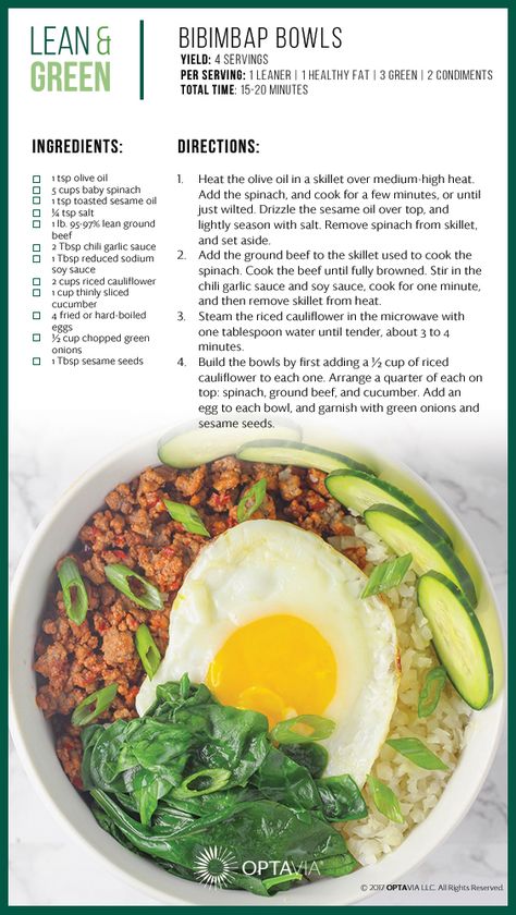 Bibimbap Bowl Lean Dinners, Bibimbap Bowl, Optavia Lean And Green Recipes, Medifast Recipes, Optavia Lean And Green, Lean Protein Meals, Lean And Green, Lean Meals, Green Recipes