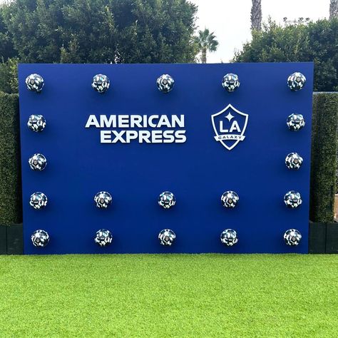 This custom 3D backdrop was created for a member event taking place at Dignity Health Sports Park which is the home of the LA Galaxy soccer team. Soccer Backdrop, La Galaxy Soccer, Galaxy Backdrop, 3d Backdrop, Soccer Event, Sport Park, Football Birthday, Soccer Team, American Express