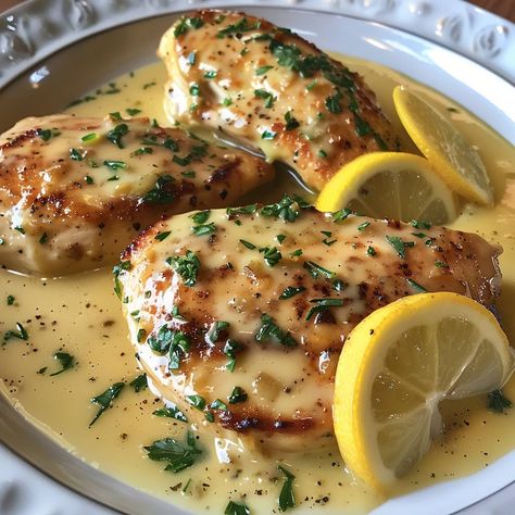 Lemon Butter Chicken Servings: This recipe serves 4. Preparation Time: 35 minutes Ingredients: 4 boneless, skinless chicken breasts Salt and freshly ground black pepper, to taste 1/2 cup all-purpose flour 2 tbsp olive oil 1/4 cup chicken broth 1/4 cup fresh lemon juice (about 2 lemons) 1/2 cup heavy cream 1/4 cup unsalted butter, melted 2 garlic cloves, minced 1 tsp lemon zest Fresh parsley, chopped (for garnish) Lemon slices (for garnish) Instructions: Prepare the Chicken: Season the chicke... Chicken Season, Lemon Butter Chicken, Lemon Slices, Food Babe, Lemon Butter, Boneless Skinless Chicken, Lemon Chicken, Butter Chicken, Freshly Ground