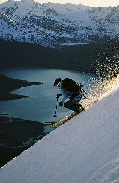 Skiing above Sorfjorden in Lyngen Alps, Norway (by Kelly Holland). Panjat Tebing, Looks Adidas, Stile Blair Waldorf, Ski Bums, Lillehammer, Go Skiing, Vail Colorado, Ski Season, Ski Resorts