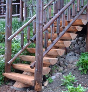 Builds Log Stairs using Full Scribe Stair Design-Logstairways Log Stairs Outdoor, Lake Stairs, Log Steps, Log Stairs, Sauna Building, Cabin Stairs, Log Ideas, Porch Stairs, Landscape Steps