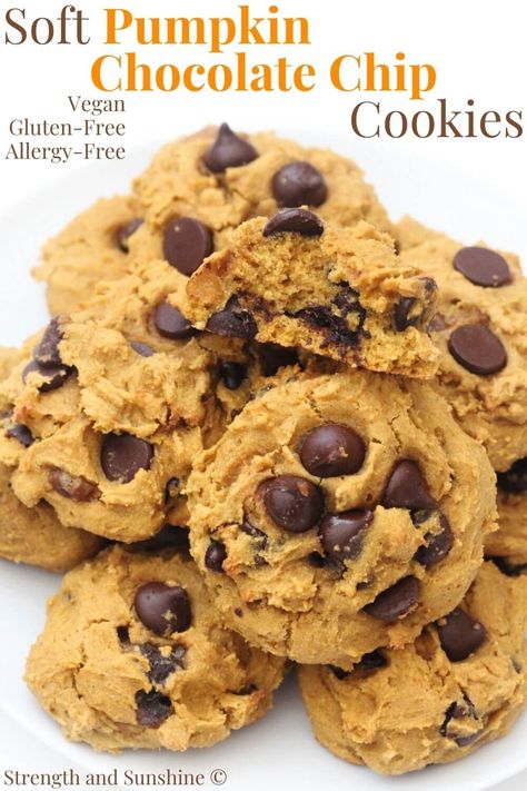 Soft Vegan Pumpkin Chocolate Chip Cookies (Gluten-Free, Allergy-Free) | Strength and Sunshine | These Vegan Pumpkin Chocolate Chip Cookies are super soft, loaded with pumpkin, and dairy-free dark chocolate chips! These healthy, gluten-free, and allergy-free pumpkin cookies are so easy to make, subtly sweet and flavored with cozy pumpkin spice! These cake-like cookies only take 10 minutes to bake and will be a favorite all season long! Vegan Pumpkin Chocolate Chip Cookies, Gluten Free Pumpkin Cookies, Vegan Pumpkin Cookies, Vegan Gluten Free Cookies, Slow Cooker Apple Butter, Dairy Free Pumpkin, Slow Cooker Apples, Pumpkin Chocolate Chip Cookies, Pumpkin Chocolate Chip