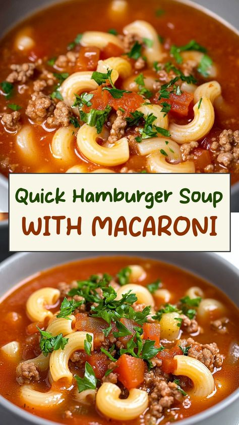 Discover a hearty and comforting recipe with this delicious hamburger soup with macaroni. This dish is perfect for cozy nights or busy weekdays when you need a quick and satisfying meal. Packed with savory flavors and wholesome ingredients, this soup is sure to become a family favorite. Try making a big batch to enjoy throughout the week or freeze some for later—it's versatile and easy to customize with your favorite herbs and spices. Warm up your kitchen and your soul with each spoonful of this Tomato Mac Beef Soup, Hamburger Soup Recipe With Pasta, Tomato Beef Macaroni Soup, Hamburger Orzo Soup, Macaroni Hamburger Soup, Macaroni Soup Hamburger, Hamburger Minestrone Soup, Easy Ground Beef Soup Recipes, Soup Made With Hamburger