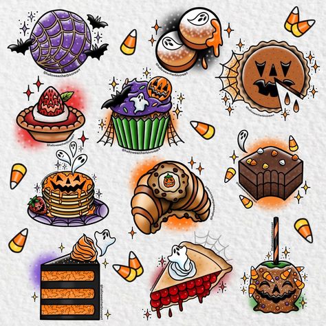 Instagram Halloween Themed Tattoo Designs, Halloween Snake Tattoo, Spooky Food Tattoo, Spooky Snake Tattoo, Tradition Halloween Tattoo, Pastry Tattoo, Dessert Tattoo, Baker Tattoo, Candy Tattoo