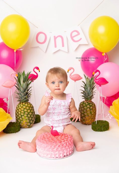 Flamingo First Birthday, Themed Cake Smash, Adult Cake Smash, Island Cake, Fruit Birthday Party, Candy Theme Birthday Party, Pineapple Theme, Flamingo Baby Shower, Creative Pregnancy Announcement