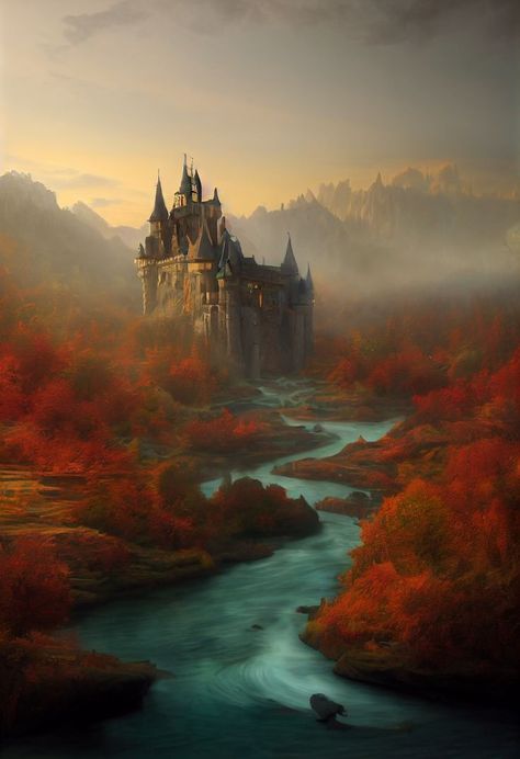 Forest Castle Fantasy Art, Mid Evil Castle, High Fantasy Aesthetic, Fantasy World Aesthetic, Elven Castle, Fantasy Landscape Art, Castle Forest, Elven City, Castle Medieval