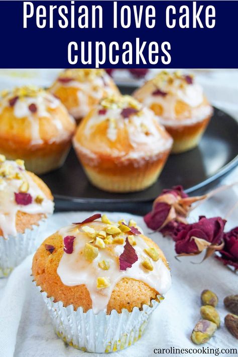 These Persian love cake cupcakes are the perfect way to enjoy the wonderful flavors in individual servings. Flavored with the classic Persian flavors of cardamom, rosewater and lemon, they are light, aromatic and delicious. #persianfood #cardamom #cake #cupcakes Persian Love Cake Cupcakes, Dainty Cakes, Love Cake Recipe, Persian Sweets, Persian Dishes, Persian Love Cake, Persian Desserts, Cupcake 1, Bakery Sweets