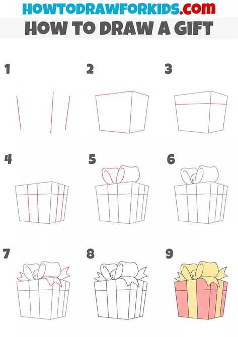 How to Draw a Gift - Easy Drawing Tutorial For Kids How To Draw A Present, Giving Drawing, Christmas Gift Drawing, Calendar Doodles, Draw Christmas, Cool Easy Drawings, Easy Drawing Tutorial, Drawing Tutorials For Kids, Gift Drawing