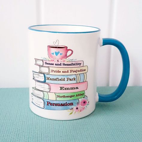 Book Mug, Sublimacion Ideas, Jane Austen Gifts, Jane Austen Books, Floral Mug, Literary Gifts, Gifts For Bookworms, Bookish Gifts, Literary Quotes