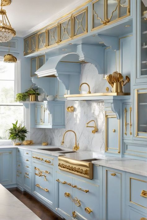 1. Light Blue Kitchen Cabinets
2. Gold Hardware
3. Dream Kitchen Inspiration
4. Kitchen Design Trends Bridgerton Apartment, Kitchen Cabinets With Gold Hardware, Light Blue Kitchen Cabinets, Cabinets With Gold Hardware, Simple Modern Kitchen, Vintage Kitchen Design, New Modern Kitchen, Light Blue Kitchen, Kitchy Kitchen