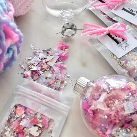 Lauren Glass Designs Confetti Ornaments Diy, Confetti Ornaments, Glass Ornaments Diy, Diy Packaging, Diy Confetti, Pink Crafts, Birthday Crafts, Christmas Time Is Here, Glass Designs