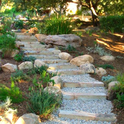 Stone And Pea Gravel Steps Design, Pictures, Remodel, Decor and Ideas Sloped Backyard Landscaping, Landscape Stairs, Landscaping On A Hill, Sloped Backyard, Stone Steps, Garden Stairs, Hillside Landscaping, Sloped Garden, Garden Steps