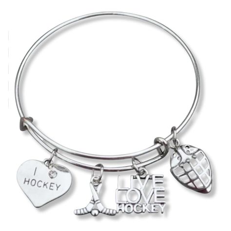 PRICES MAY VARY. Hockey Jewelry- Hockey Charm Helmet Bangle Bracelet for Women, Teens and Girls Hockey Bangle Bracelet -Silver Plated Hockey charms on stainless steel bangle bracelet Adjustable Bracelet- hockey bangle bracelet is adjustable. This wire bangle expands to fit idealy. Bracelet inner diameter:2.36"-2.56",expands easily to fit most wrist sizes Hockey Gift: Got a birthday, holiday, tournament, end of season party or other special occasion coming up for the hockey player or fan in your Hockey Bracelet, Hockey Jewelry, Girls Hockey, Hockey Gifts, Hockey Girls, Wire Bangles, Hockey Player, Stainless Steel Bangles, Silver Bangle Bracelets