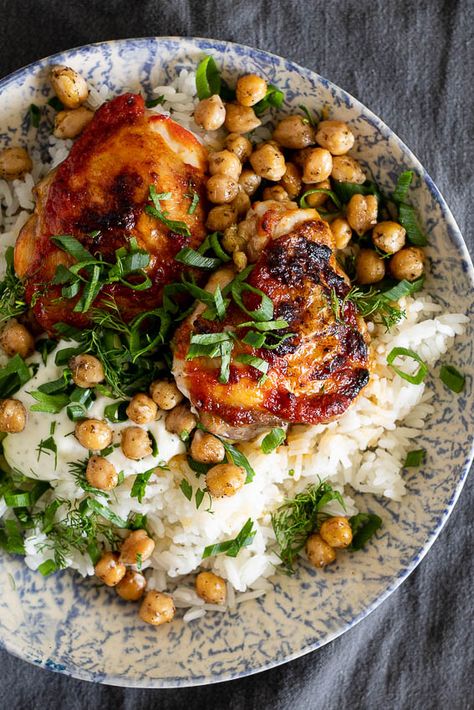 Harissa chicken thighs with crispy chickpeas - Simply Delicious Protein Marinades, Harissa Chicken Marinade, Honey Harissa Chicken Bowl, Harissa Chicken Thighs, Harissa Chicken Traybake, Honey Harissa Chicken, Harissa Chicken, Moroccan Dishes, Chicken Thigh Recipes Baked