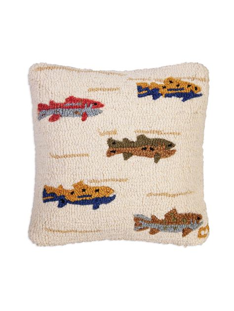 Trout Hooked Wool Square Pillow Weston Table Hand Hooked Pillows, Dino Room, Steelhead Trout, Black Forest Decor, Hooked Pillow, Red Hook, Hooked Wool, Needlepoint Designs, Wool Pillow