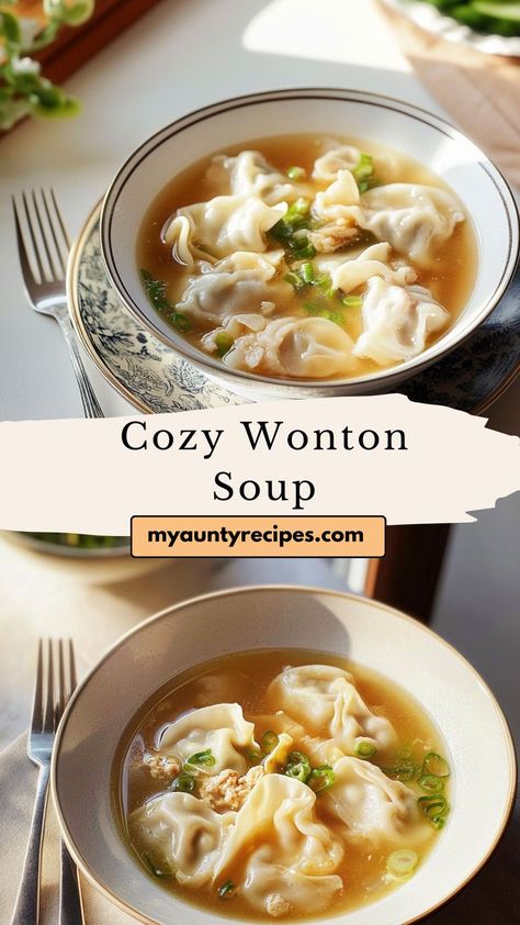 Warm up with this Homemade Wonton Soup, a cozy recipe perfect for winter meals dinners or Friendsgiving gatherings. Handcrafted wontons float in a savory broth, complemented by fresh greens and aromatic seasonings. This soup is a healthy winter treat that brings comfort and delight to any festive table or family meal. Fresh Winter Recipes, Healthy Clear Soup, Frozen Pot Sticker Soup, Costco Wonton Recipes, Crab Rangoon Soup, Thai Wonton Soup Recipe, Recipes With Wontons, Savory Egg Roll Soup Delight, Wor Wonton Soup Recipe Authentic