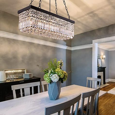 Wellmet Modern Crystal Chandeliers Light Fixture, Black Rectangular 5 Lights Farmhouse Chandelier for Dining Room, Hanging Pendant Lighting for Kitchen Island, Living Room, L30”X W9” - - AmazonSmile Hanging Light In Dining Room, Light Fixtures For Dining Room, Dining Room Lighting Over Table, Farmhouse Dining Room Chandelier, Black Farmhouse Chandelier, Black Kitchen Table, Dining Room Light Fixture, Crystal Chandelier Lighting, Modern Crystal Chandelier