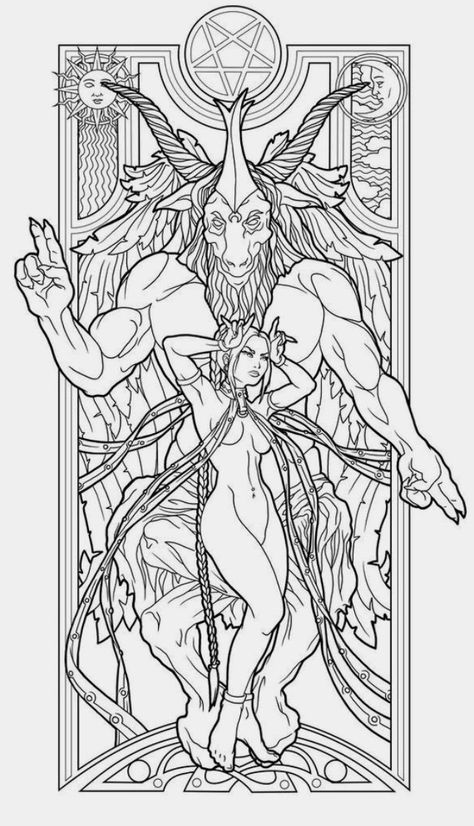 Baphomet Drawing, Witch Coloring Pages, Adult Colouring Printables, Adult Coloring Designs, Adult Colouring Pages, Colouring Printables, Adult Coloring Book Pages, Desenho Tattoo, Digital Drawings