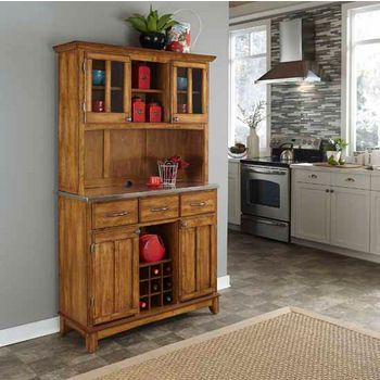 Cottage Oak Finish Wood Large Two-Door Hutch Buffet Server with Stainless Steel Top Buffet With Hutch, Buffet And Hutch, Dining Hutch, Hutch Cabinet, White Buffet, Buffet Hutch, Kitchen Hutch, Framed Cabinet, Kitchen Buffet