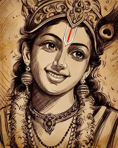 Art Sketches Krishna, Potraits Pics Drawing, Cute Krishna Sketch, Telugu Project Cover Page Design, Krishna Lines, Krishna Drawing Sketch, Kali Painting, Gods Drawing, Lord Krishna Sketch