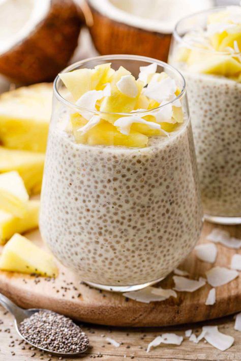 Healthy Coconut Milk Chia Pudding (Pina Colada Copycat) - Healthy Substitute Almond Milk Desserts, Chia Pudding Almond Milk, Toasted Coconut Chips, Keto Chia Pudding, Chocolate Chia Seed Pudding, Pina Colada Recipe, Chia Seed Recipes Pudding, Milk Dessert, Coconut Chia