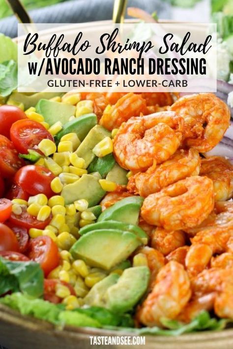 Shrimp Salad Recipes Healthy, Buffalo Shrimp Salad, Blue Cheese Crumbles, Avocado Ranch Dressing, Buffalo Shrimp, Prawn Salad, Diner Menu, Shrimp Salad Recipes, Mason Jar Salad Recipes