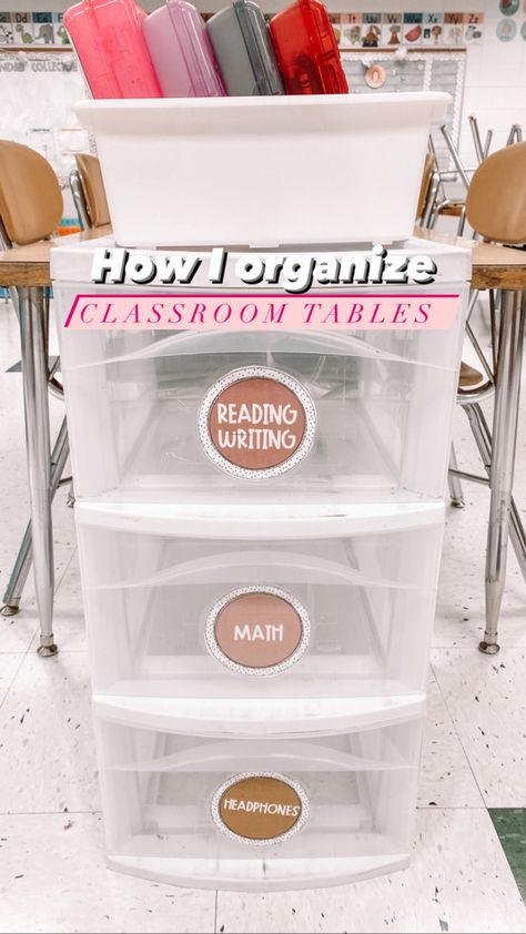 Chrck out how I organize tables in my classroom Classroom Workbook Organization, Desk Groups Classroom, Simple Classroom Organization, Classroom Table Group Storage, Class Table Organization, Table Caddies Classroom, Classroom Table Organization Storage, Class Supplies Organization, Kindergarten Classroom Tables